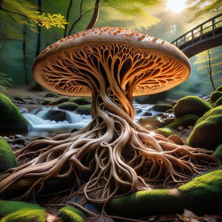 (HD, masterpiece, best quality, hyper detailed, ultra detailed, super realistic),PG-TR,a mystical mushroom with wild root antler, looking at the viewer near a stream by the bridge, sunset, , PG-TR<lora:challenge\Treeroots_0_90_multi2_Handprocessed_V2-000018.safetensors:1.0:1.0>