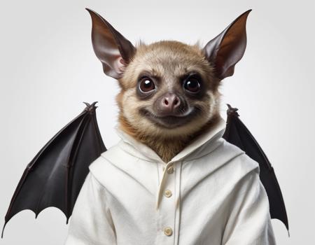 anthropomorphic bat, wearing human clothes, clean white paper background, from marvel studios, [ [ hyperrealistic ] ], small animals, by Tyler Jacobson