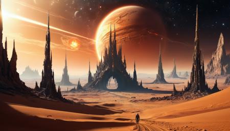 Ancient alien ruins made of golden sand, crumbling under the scorching sun, with jagged spires and cracked archways in a vast desert on an arid planet, sci-fi art style, DonMM4ch1n3W0rldXL