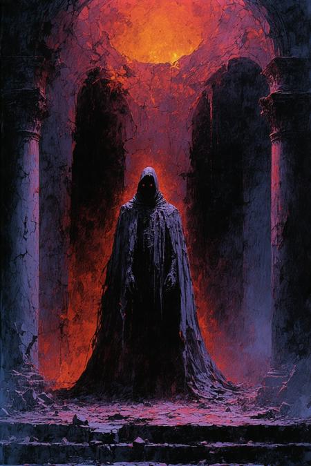A gaunt, masked figure cloaked in tattered opera velvet emerges from gilded shadows of a decaying Baroque theater, elongated claws refracting sickly amber footlights. Low-angle framing magnifies his towering presence over a cowering silhouette reflected infinitely in shattered mirror shards beneath the stage. Gustave Doré’s chiaroscuro meets Beksinski’s surreal decay: cracked marble columns drip blood-crimson resin into pooling fog that whispers with ghostly libretto fragments. Luminescent moth-swarm halos clash with indigo voids, his porcelain mask half-melted to reveal smoldering marionette strings beneath. Velvet drapes billow as if breathing, their folds swallowing the victim’s fading scream.