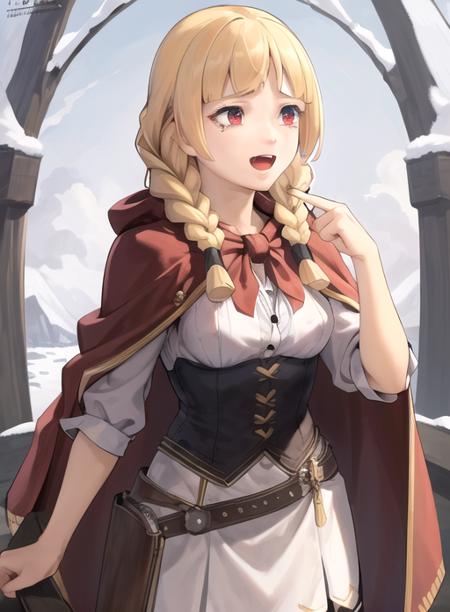 best quality, (masterpiece),(ultra-detailed), (high quality), (high resolution),   <lora:espellac-10:0.7>,1girl, :d, animal, belt, blonde hair, braid, breasts, cape, espella cantabella, hair over shoulder, long hair,, solo, tears, twin braids,