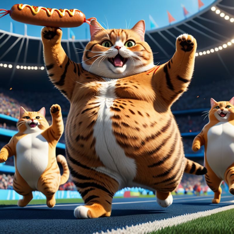 Cartoon Cats Running on a Field with a Hot Dog: A Fun and Cartoonish Scene.