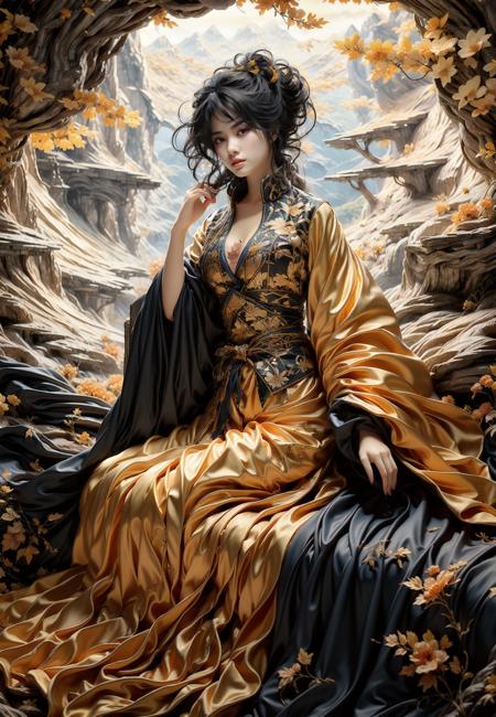 Best quality,ultra high,(photorealism:1.4),masterpiece,high resolution,original,extremely detailed wallpapers,Gilt,illustration,autumn,maple leaf,canyon,1girl,leaf,maple_leaf,black_hair,mountain,tree,solo,floral_print,day,sitting,cleavage trees,<lora:liuJ-000018:0.8>,