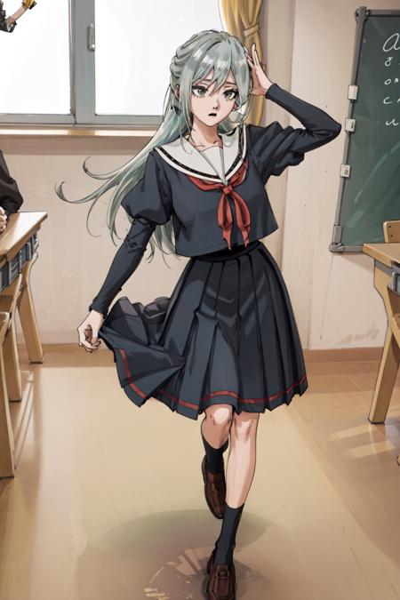 masterpiece, best quality, highres, Sharp focus, dslr photo, HD, UHD, 8K, school, classroom, subaru hoshina, 1girl, solo, long hair, skirt, shirt, long sleeves,   school uniform, ponytail, grey hair, pleated skirt, shoes, serafuku, puffy sleeves, sailor collar, black footwear, neckerchief, brown footwear,  loafers, Dancing with one arm raised <lora:HoshinaSubaruV2:0.85>