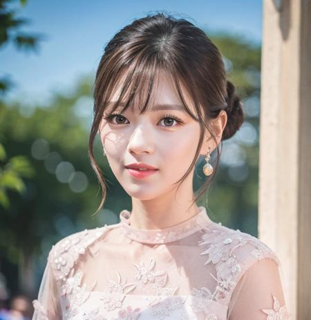 <lora:sayhello0o-v1-jeongyeontwice:0.8>, Nikon RAW photo,8k,Fujifilm XT3,masterpiece, best quality, realistic, photorealistic,ultra detailed,1girl,solo, close up portrait, standing, beautiful blue sky, gorgeous expression, woman, wearing dress, in a park jeongyeon, looking at camera, cute,