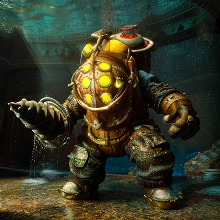 a bigdaddy inside the water close of a deep ruins, under the sea,(1gen) ,deep water background with ruins,full-length photo, 70mm lens, symmetrical, posing, sharp, textured skin, realistic,intricated detailed ,(perfect fingers:1.2),  photographed by a Nikon Z7 II Camera,8k uhd,     <lora:Bigdaddy:1>