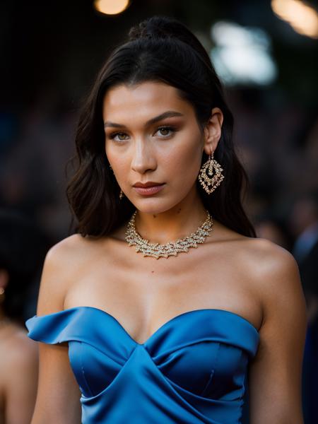 Realistic photo of a beautiful b3ll1h woman, 1girl,solo,long hair,looking at viewer,black hair,dress,bare shoulders,jewelry,earrings,necklace,blurry,lips,strapless,blurry background,blue dress,watermark,short dress,strapless dress,web address,freckles,hoop earrings,realistic,tube dress, soft lighting, professional Photography, Photorealistic, detailed, RAW, analog, sharp focus, 8k, HD, high quality, masterpiece<lora:b3ll1h:1.0>