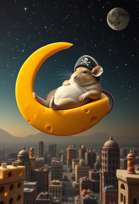 The image depicts a obesely fat mouse wearing a pirates hat reclining on a crescent-shaped piece of cheese, which floats serenely in a night sky speckled with stars. The cheese moon is positioned above a apocalyptic cityscape, adding a touch of surrealism. The city is built of colorful sweets.
Style: The style is a blend of surrealism and food photography. The image maintains the dreamlike quality of the original, but with a playful twist. The cheese adds a tactile element, inviting the viewer to imagine the texture.
Details: The cheese moon would have a slightly uneven surface, with subtle cracks and crevices.
The mouse skin would have a warm, golden tone, complementing the color of the cheese.
The cityscape would recede into the background, creating a sense of depth and perspective.
Tones and Palette: The overall tone of the image would be one of warmth and comfort. The cheese, with its rich colors and inviting texture, would evoke a sense of indulgence and pleasure. The night sky, with its twinkling stars, adds a touch of magic and This reimagined image retains the surreal and dreamlike quality of the original, but with a playful and whimsical twist. The use of cheese as the central element adds a tactile and sensory dimension, inviting the viewer to imagine the taste and aroma of this fantastical scene.
Additional Notes: distinct holes would add to the visual  with subtle lighting effects, such as a soft glow emanating from the cheese moon.