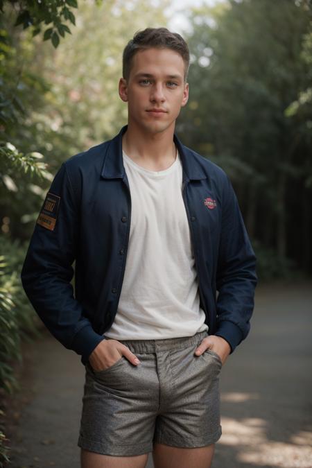 RAW Photo, DSLR , epiCRealism, (male), 1boy, a photograph of jeremy_penn standing (college jacket shirt and shorts), <lora:Jeremy_Penn-09:0.8>, deep photo, depth of field, Superia 400, bokeh, realistic lighting, professional colorgraded