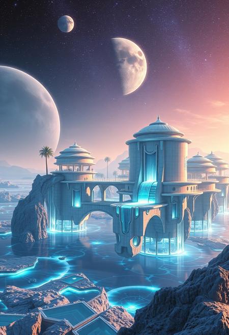 Masterpiece. Science fiction concept art. A A vision of the ultimate luxury vacation retreat in a far-future science fiction setting, set atop a vast, crystalline ocean on an alien world. The resort’s architecture defies gravity, with structures that float effortlessly in the air, crafted from shifting, prismatic materials that catch the light of a tri-star sky. Each private villa is a self-contained paradise, surrounded by shimmering, holographic waterfalls and featuring pools of liquid light that ripple in response to movement. The atmosphere is alive with soft, resonant tones, as if the air itself is tuned to a calming symphony.
Guests travel via personal levitating orbs, guided by AI attendants with ethereal, humanoid forms, to floating spas where treatments use zero-gravity chambers and starlight-infused minerals. Towering bioluminescent trees and gravity-bending gardens stretch into the skies, framing views of floating alien moons and nebulous auroras that dance across the horizon. Exclusive dining experiences include levitating tables suspended above the ocean, with menus projected as shimmering, customizable holograms featuring ingredients grown in zero-G eco-orbs. The ambiance is one of unparalleled sophistication, blending impossible technology with dreamlike natural elements to create a destination beyond imagination. high-res, semi realistic, best quality, intricate details, ultra details, good lighting, vibrant colors, very detailed, octane render, ray tracing,