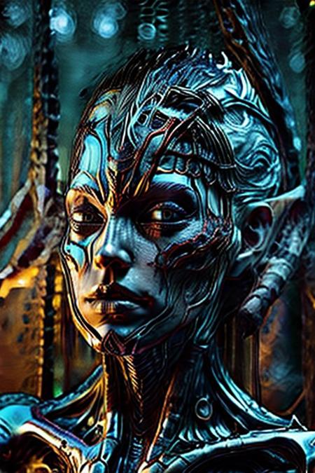A humanoid AI represented in Art Nouveau style, with intricate, flowing lines and decorative patterns. She has a serene expression, her hair a cascade of metallic threads intertwined with floral motifs. Her body is partly robotic, with gold and pearl accents, seamlessly blending with organic forms. The background is a stained-glass-style design, featuring celestial and floral imagery. Art style: detailed, ornamental, and vintage-inspired."