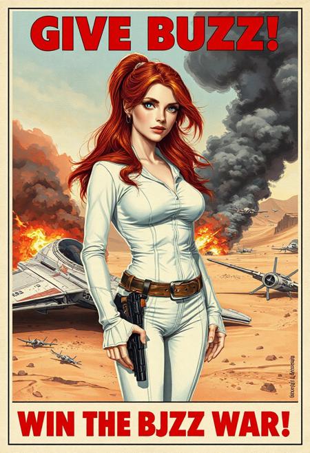 (Star Wars style), (old style propaganda poster), text on top of poster says “GIVE BUZZ!”:1.4, text at bottom of poster says “WIN THE BUZZ WAR!! “:1.8, 
 (long red hair, crystal blue eyes, full pouty lips, small perky nose), Elegance and poise, standing next to her crashed Star fighter which is on fire and billowing dark smoke,  Her long  deep-red hair pulled into a loose ponytail, windblown hair, alert in the middle of a battlefield on a distant desert planet, explosions in the sky, crashed space fighters crashed and burning in the distance, 
 Her shapely form was perfect in the skin tight white  uniform is torn exposing her toned midriff, toned abdomen,  The pistol she wore looked like something from an old western.  Leather holster on her right hip, The scar under her left eye was hardly noticeable, but also a warning. She was tough abd beautiful. Her perfect face and blue eyes sparkling with iridium dust let you know she had augmented strength behind her delicate frame. 
Medium round breasts, braless, wide hips, long toned legs, black leather boots,