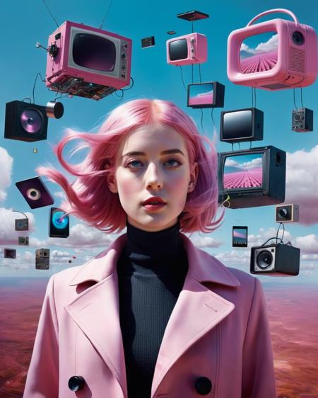 a woman with pink hair and a pink coat, Electronics > Electronics Accessories > Memory > ROM floating in the air:1.3, Alice Prin, surreal photography, a surrealist painting, art photography, promotional image, a hyperrealistic painting, hyperrealism, panfuturism , <lora:Photo_Fantasy:0.8>