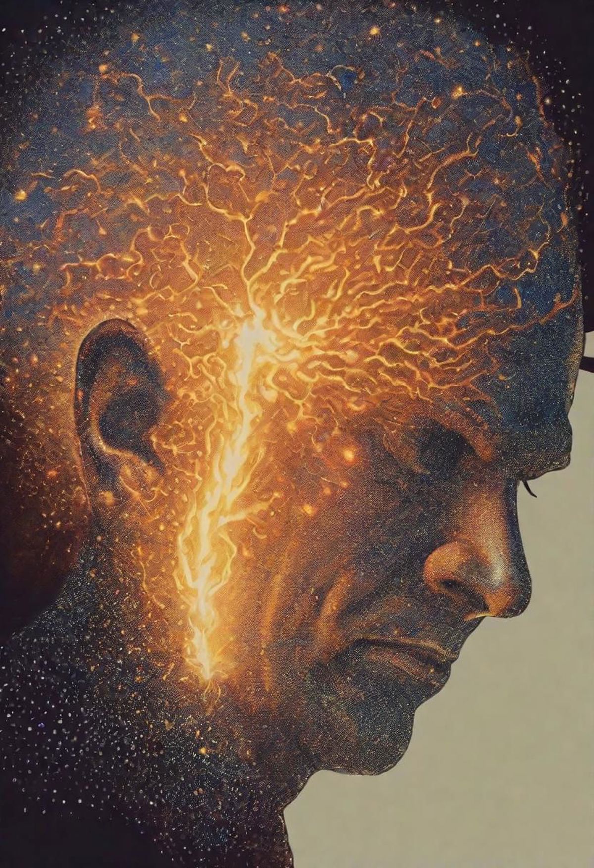 Man's Head with Flames and Lightning Bolts