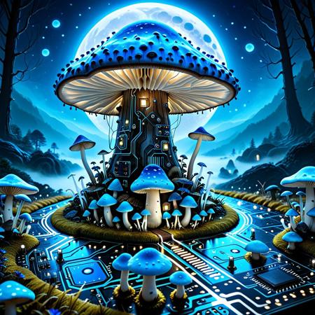 lazympos, character focus, depth of field, hyperrealistic, masterpiece, intrincate details, TzigoCBS,
a giant mushroom alien landscape, dark atmosphere, fog, (blue mushrooms with white stalks:1.5), night, fog, blue moon.
BREAK
glowing cyan circuit board patterns