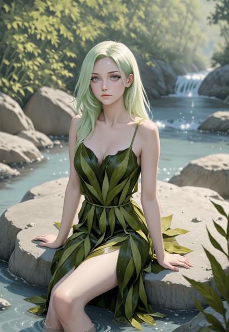 A Russian Rusalka with long green hair. Her skin is pale blue. Eyes are emerald. Dark eyebrows. Small nose. Lips are blue. She wears a dress made of seaweed. She sits on a rock in the river. Surrounded by water and lilies. The air smells fresh.
(Russian Rusalka, seaweed dress)
((half body view))