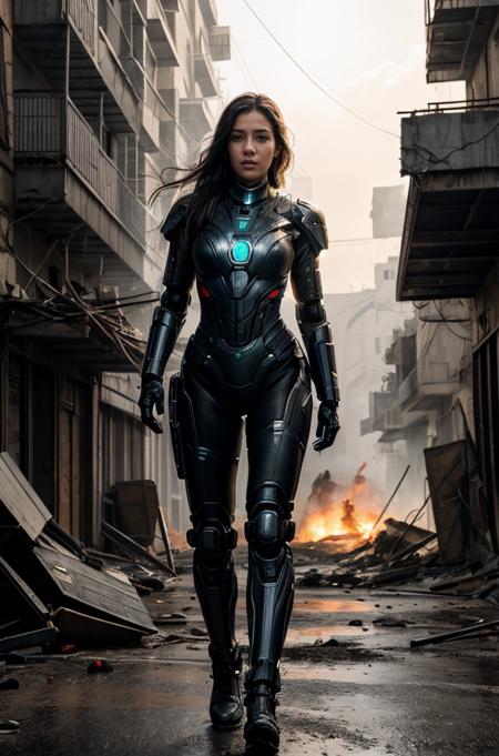 Eye-level view, cybernetic robot, capturing the essence of survival, in the midst of civil warfare, charging through a debris-filled street, detailed skin and clothing texture under natural fading light, background hinting at a dystopian world, emphasizing the character's defiance <lora:more_details:0.6>  <lora:picxer_real:0.6>