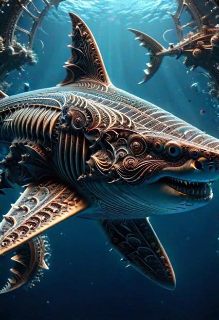 a close shot photo of a ral-frctlgmtry shark, highly detailed, intricate design, high quality, 8k, cinematic, epic, ray tracing, deep shadows, dark fantasy