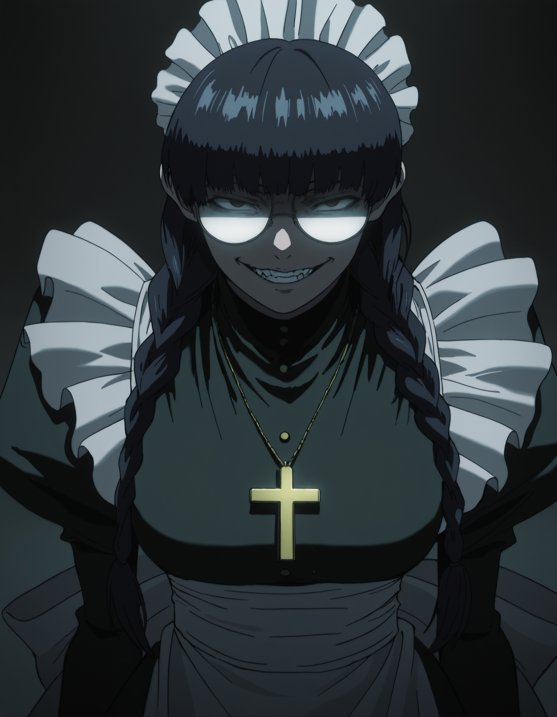 A woman with blue eyes partially obscured by the white glare on her glasses, black hair styled in two long braids, and a wide, menacing, toothy grin looking directly at the viewer. She is wearing a dark-colored maid uniform with a white ruffled apron and headdress, along with a large gold cross pendant on a chain around her neck. 
