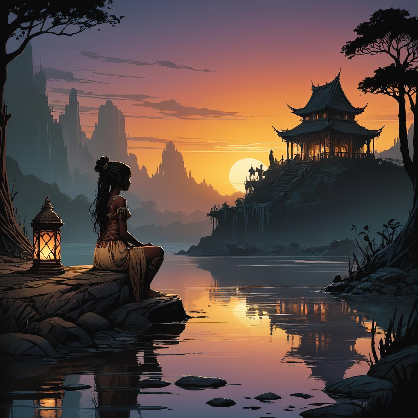 A young woman sits by a lake at sunset with a pagoda in the background.
