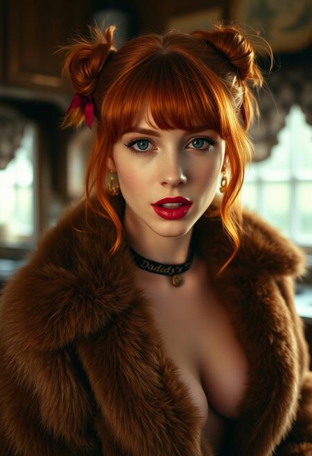 35mm photo of 20 year old Christina Hendricks, breathtaking, (dramatic composition), medium shot. She is very tall and has a voluptuous figure with red-burgundy pronounced lips, open mouth, sexy pose, red hair, swept bangs, freckles, large round breasts, beautiful face, blue eyes, cute face, shy, light makeup, horny, sagging breasts, only wearing a mink coat and stockings, twin hair bun, choker that says “Daddy’s Toy”, sweaty skin. The background is very detailed, victorian kitchen, volumetric lighting, vivid colors