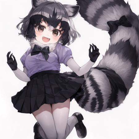 araisan, 1girl, animal ears, raccoon ears, solo, raccoon tail, grey hair, short hair, skirt, black bowtie, brown eyes, fur collar, puffy short sleeves, fang, raccoon girl, periwinkle shirt, pleated skirt, black skirt, bangs, black and white gloves, hair between eyes, white legwear, black shoes, white sleeves