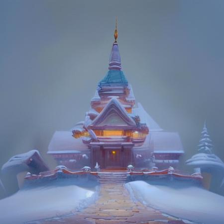 An oil painting of a beautiful temple at the top of a snow covered mountain  <lora:Bambi:1>