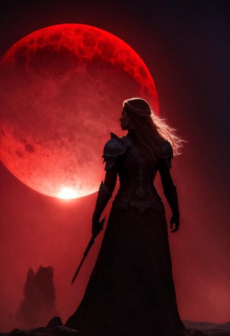 blond girl  with long fine hair dressed in dark, armor stands against a large, blood-red moon, (colored milky way :1.5). ARMORED EYES MASK,
hair and features. Intricate details adorn the armor, enhancing