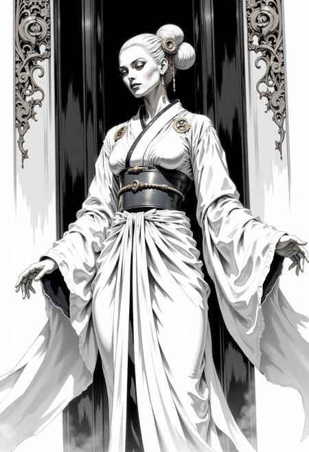 A highly detailed, intricate line-art illustration in the style of Steve McDonald. Detailed hyper realism in the visible body parts (face, hands, legs).
full shot of a real japanese beautiful albino geisha, standing pose, oil painting Rembrandt style, black background, hard brush stroke style, wearin white long skirt
, acrylic painting in style Adam Hughes. extremely white background
The composition features mesmerizing line work, fine architectural detailing in the background, and a play of light and shadow through intricate hatching. The overall aesthetic is serene, introspective, and dreamlike, blending realism with a highly structured, almost meditative pattern-based design.