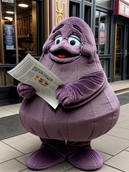 best quality, masterpiece, highres, detailed, <lora:Detail - add_detail:0.2>, Grimace,  <lora:Grimace:0.9>, purple, happy, no human, mascot, handing out fliers, holding paper, outside restaurant,