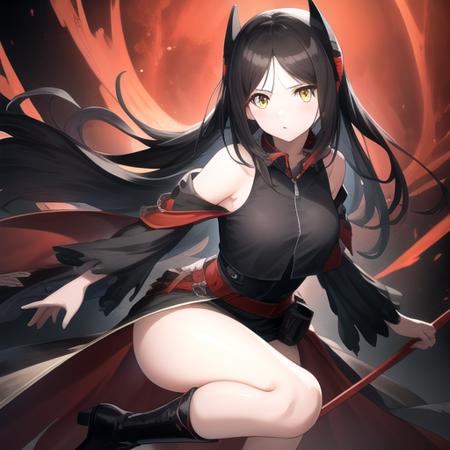 ((masterpiece)),(best quality),official art,extremely detailed CG,unity 8k wallpaper,ultra detailed,1girl,solo,upper body,black_hair,long_hair,looking_at_viewer,yellow_eyes,bare_shoulders,breasts,black_footwear,knee_boots,thighs,bangs,headgear,black_dress,parted_bangs,detached_sleeves,long_sleeves,belt,<lora:Ines(ark)>,