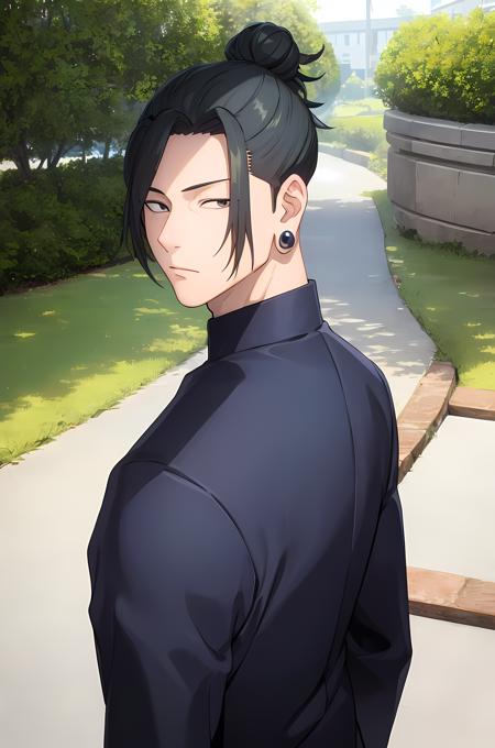 (masterpiece:1.2, best quality), (finely detailed beautiful eyes: 1.2),1man, 1boy, (extremely detailed CG unity 8k wallpaper, masterpiece, best quality, ultra-detailed, best shadow), (detailed background), (beautiful detailed face, beautiful detailed eyes),   suguru geto , black jacket, high collar, gakuran, school uniform, , black eyes,    earrings,    male focus,  looking at viewer,High contrast, (best illumination, an extremely delicate and beautiful),(simple backround, outdoors),