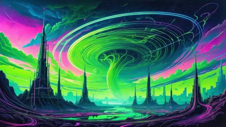 surreal alien landscape, electric,atomic,brutalist,swirly sky, neon green colored hues, speedpainting