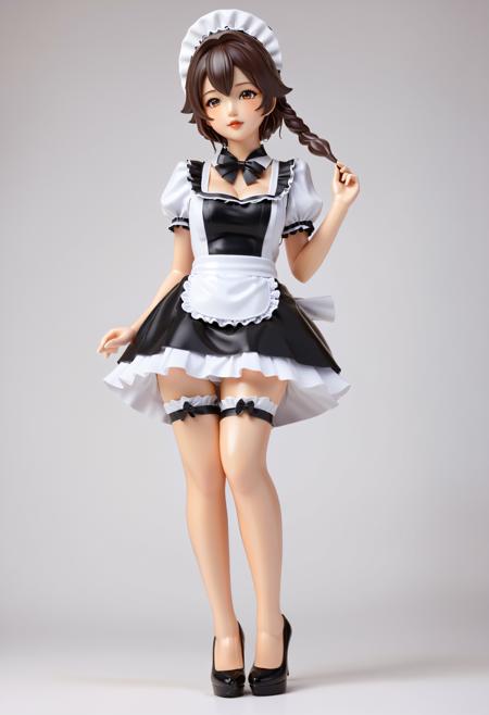 1girl, (asian:1.25) girl, figurine, anime style, dark brown hair, detailed hair, volume hair, radiant eyes, realistic, pretty face, detailed lips, glossy skin, simple background,  maid outfit, stockings, high heel pumps, performing maid duties,