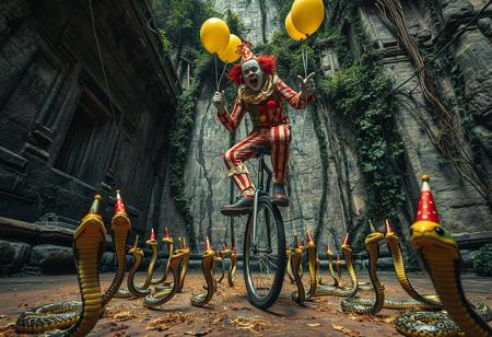 high quality, detailed, beautiful, masterpiece, correct anatomy, anatomically correct, detailed, realistic, masterpiece, complex shadows, intricate details, high quality, hi res, best quality, a clown is riding a unicycle, the unicycle the clown is riding has lama balloons tied to it, there are thumbtacks on the ground, there are many cobra snakes on the ground, the cobra snakes are wearing party hats, the clown is trying to avoid the thumbtacks, the clown is making balloon animals, the clown is nervous, scared, sweating heavily, low angle, looking up, view from bellow, jungle, temple, granite wall, vines, vivid colours,