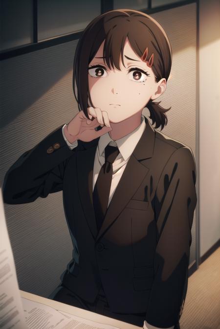 kobenihigashiyama, <lora:kobeni higashiyama s1-lora-nochekaiser:1>,
kobeni higashiyama, black hair, hair ornament, hairclip, mole, mole under eye, ponytail, short hair, (brown eyes:1.5),
BREAK black necktie, black pants, business suit, formal, long sleeves, necktie, pants, suit, 
BREAK indoors, office,
BREAK looking at viewer,
BREAK <lyco:GoodHands-beta2:1>, (masterpiece:1.2), best quality, high resolution, unity 8k wallpaper, (illustration:0.8), (beautiful detailed eyes:1.6), extremely detailed face, perfect lighting, extremely detailed CG, (perfect hands, perfect anatomy),