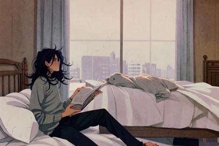 masterpiece, best quality, extremely detailed, detailed background, detailed face, parted bangs, 1boy, male focus, window, solo, black hair, book, bed, pillow, long hair, curtains, paper, bird, shirt, sitting, cat, pants, indoors, from side