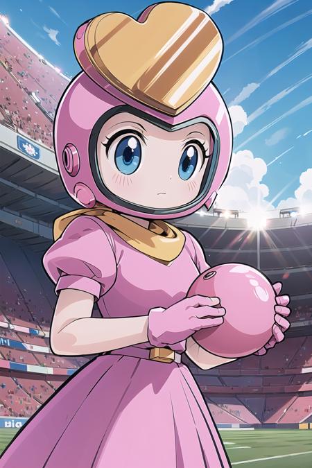 best quality, ultra-detailed, (1girl, solo,<lyco:pretty-bomber-with-helmet-v1:0.9>,pretty-bomber,pink dress, helmet,   holding a black bomb, ), In the stadium, blue sky,