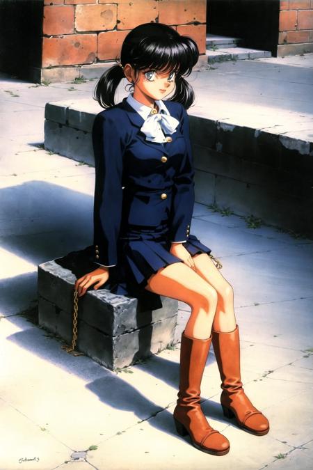 1990s \(style\), 1girl, black hair, boots, brick, brick floor, brick wall, chain-link fence, jewelry, long sleeves, outdoors, pavement, shadow, sitting, skirt, solo, stairs, stone floor, stone wall, tile floor, tiles, traditional media, twintails, v arms, wall