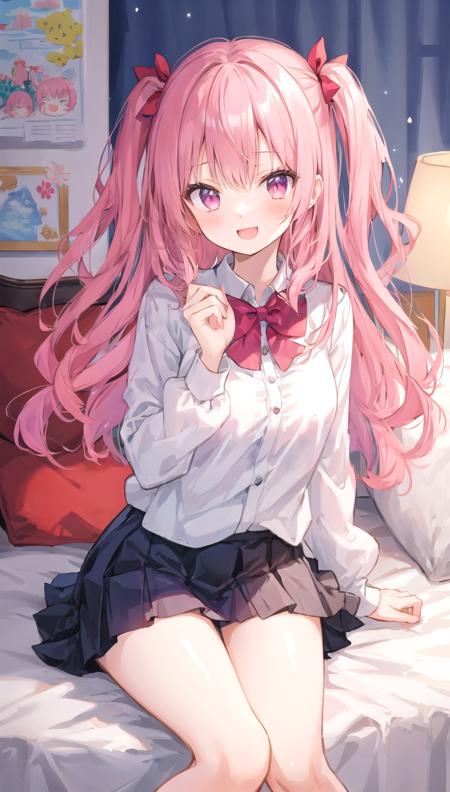 beautiful illustration, best quality, cute girl, bedroom, pink hair, happy, miniskirt, white blouse, two side up