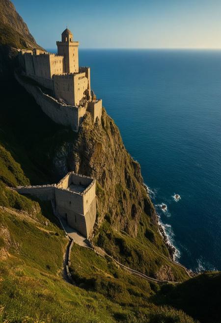 Photorealistic, outdoors, a below view of a grand castle upon a steep hill with cliffs leading to a deep ocean with tall towers guarding its sides, best quality, sharp focus, high contrast, stylized, clear, colorful, ultra quality, 8k, best quality, masterpiece,midjourneyv6.1