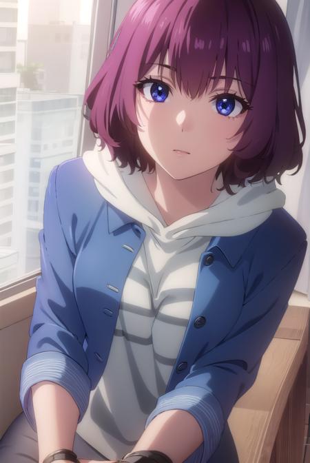 tang rou, short hair, (purple eyes:1.1), purple hair, jacket, hood, hoodie, blue jacket, dress,