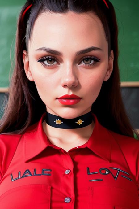 photo of dafnekeen-1976:0.99, a woman, (twin tails), ((classroom, chalkboard):1.2), ((choker, collared shirt, dress shirt):1.1),((closeup, portrait):1.1), smiling, ((best quality, masterpiece):1.2), ((red lips, eye shadow, eyeliner):1.1), (photorealistic:1.2) (best quality) ((detailed eyes, detailed face):1.2)(intricate details) (8k) (HDR) (cinematic lighting) (sharp focus), closeup