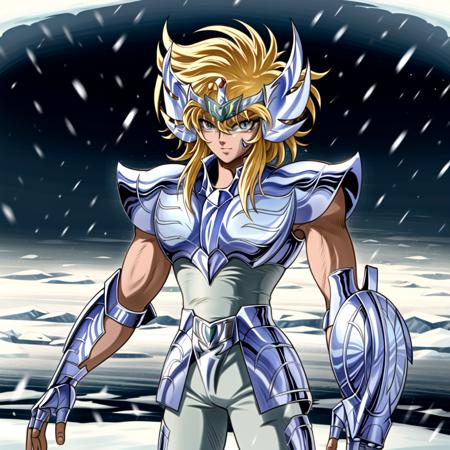 masterpiece, best quality, highres, solo,saint seiya, fingerless gloves, pauldrons, outdoors,ice,cold ,<lora:more_details:0.5>,   <lora:hyogaV2:0.9>,hyoga,cygnus new,light rays,snowing