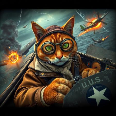 A hyper-detailed cockpit view of an anthropomorphic tabby cat piloting a P-51 Mustang in a fierce WWII aerial battle above a stormy ocean. The cat focuses intensely, gripping the controls, as enemy planes trail smoke and tracers streak past. Lightning flashes illuminate the chaotic sky, casting dramatic shadows across the cockpit.
Cat Pilot: The orange tabby wears a brown leather flight jacket with a shearling collar, white silk scarf knotted at the neck, and a snug leather cap with ear holes, adorned with a faded squadron patch—a claw clutching a lightning bolt. Aviator goggles reflect the glowing dials, their lenses scratched from prior missions. A small oxygen mask fits its muzzle, and a headset with a tiny microphone rests over its ears. Its gloved paws—one on the throttle, one on the stick—show dexterity, with claws slightly extended in tension. Whiskers twitch, and its green eyes narrow with determination.
Cockpit and Plane: The P-51 cockpit has worn metal, a scratched canopy with faint bullet marks, and glowing amber gauges. The stick is paw-friendly, wrapped in worn leather. Wings bear U.S. Army Air Forces insignia: a white star in a blue circle, faded from battle. Outside, smoke trails and bullet casings litter the sky, with a spiraling enemy plane engulfed in flames.
 Lightning highlights the cat’s fur texture and the gleam of its goggles. Rain streaks the canopy, and the plane shakes mid-maneuver. Colors are brown, green, silver, with fiery orange explosions.