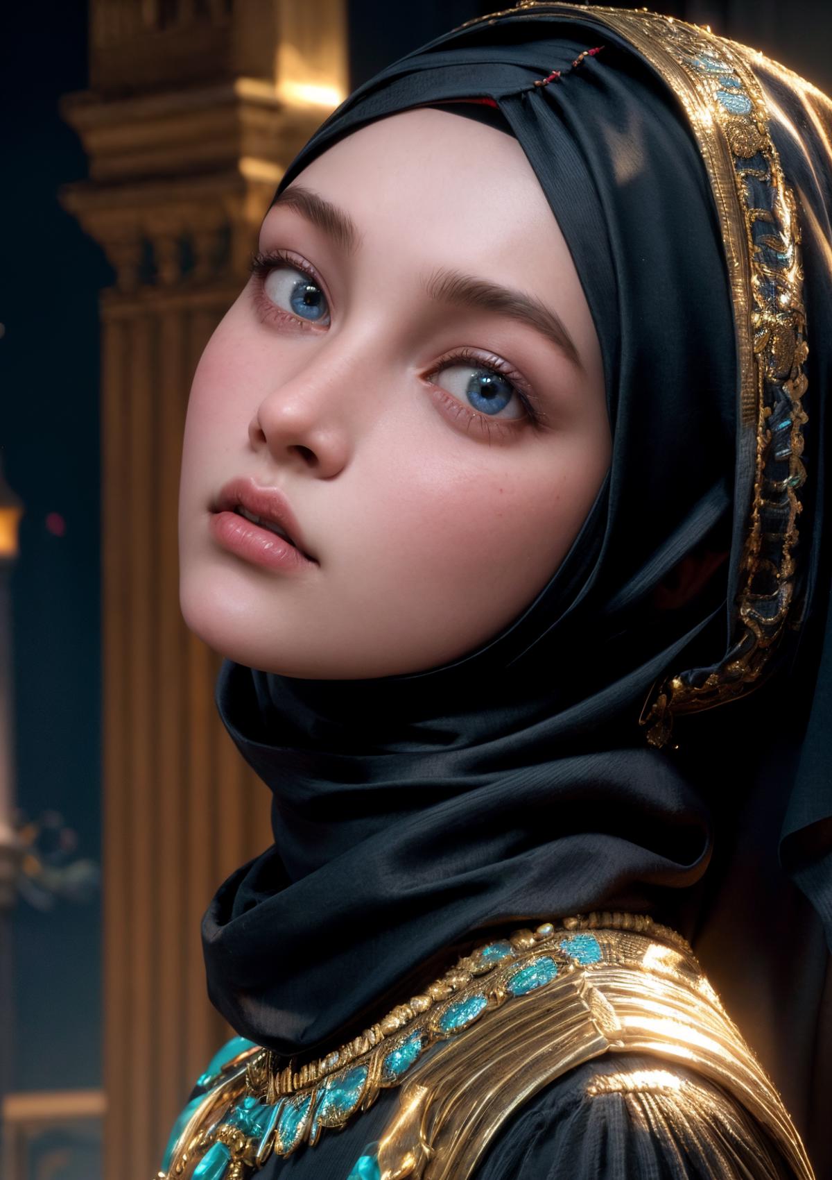 A young girl with blue eyes and a black head scarf.