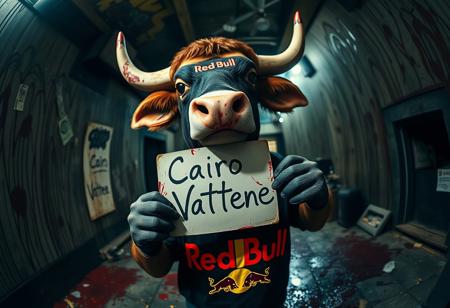 A whimsical, humanized bull, with a fairytale charm, holding a sign that says ‘Cairo Vattene’ in bold, handwritten text. The shot is captured with a Panavision Prime Cine Optics 12mm fisheye lens, exaggerating the bull’s presence in the center of the frame. The background is twisted and surreal, with sharp, contrasting colors and splatters of blood staining the surroundings, adding a gritty, Tarantino-esque vibe. The bull, exuding a dark, almost menacing aura, has blood splattered on its hands and face. A Red Bull logo is spray-painted onto its shirt, matching the chaotic energy of the scene.”