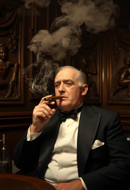 portrait of a millionaire in 1927, smoking a cigar in a dimly lit gentleman club. The air is heavy with smoke that forms a cloud under the ceiling. The man is wearing a black tie tuxedo, sitting at a table. Walls are tiled with carved hard wood bas-relief sculptures. The portrait is soft and gentle with an intimate lighting.