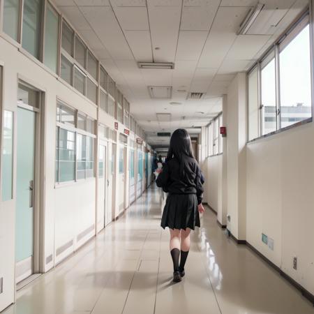 best quality, ultra-detailed, illustration,
rouka, scenery, hallway, window, school, door, indoors, sunlight, ceiling light, shadow, stairs, reflective floor, light, building, day, bulletin board, 
1girl, glasses, black hair, long hair, black eyes, school uniform, blush, looking at viewer, standing,
 <lora:rouka_school_SD15_V4:1>