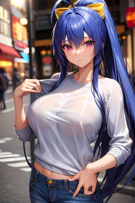 (masterpiece:1.2, best quality), (finely detailed beautiful eyes: 1.2), solo focus,    (ultra-detailed, hires),  (modern day, beautiful detailed face, beautiful detailed eyes),   1girl,  , mai natsume, long hair,   ponytail , blue hair, very long hair, hair between eyes , antenna hair, yellow hair bow, sidelocks , large breasts , sweater, shirt, jeans, casual clothes,  High contrast, beautiful elegant woman, adult, (best illumination, an extremely delicate and beautiful),(simple backround, outdoors, street, ), looking at viewer,beautiful detailed glow,